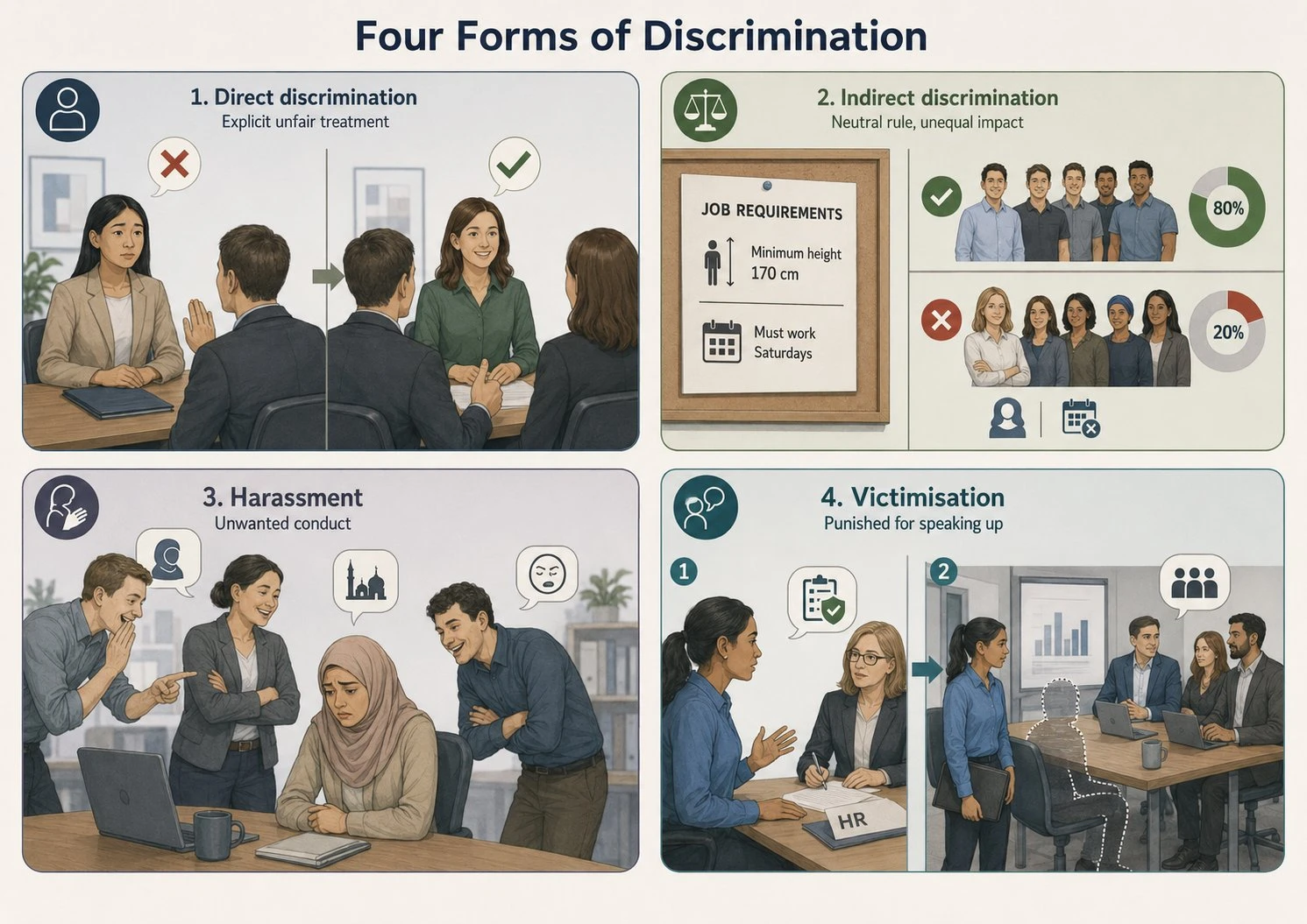 The four forms of discrimination under the Equality Act 2010