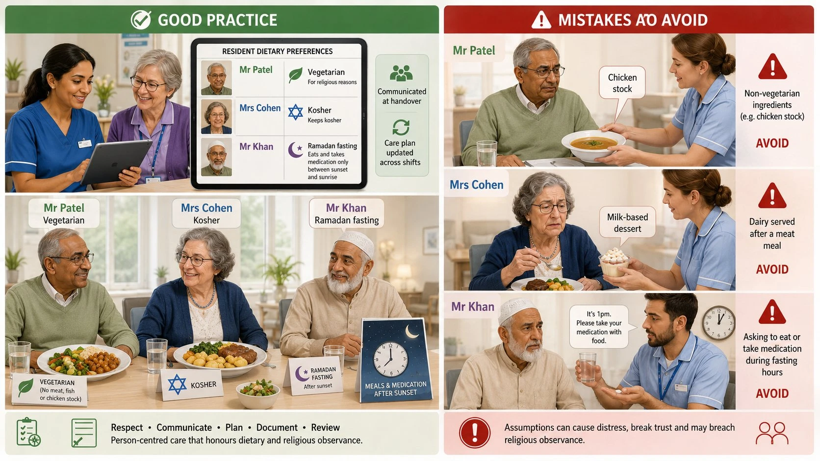 A care worker checking dietary preferences and religious observance at mealtimes