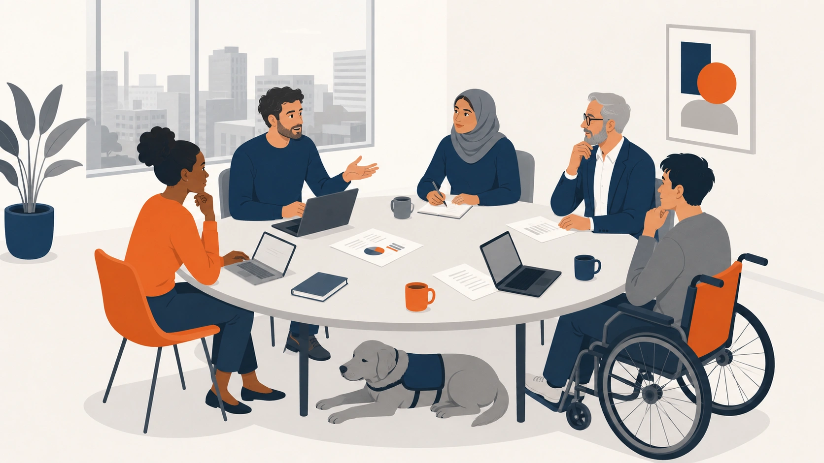 Illustration of a diverse UK workplace team in a meeting, including a wheelchair user and a guide dog handler, working collaboratively around a meeting table.