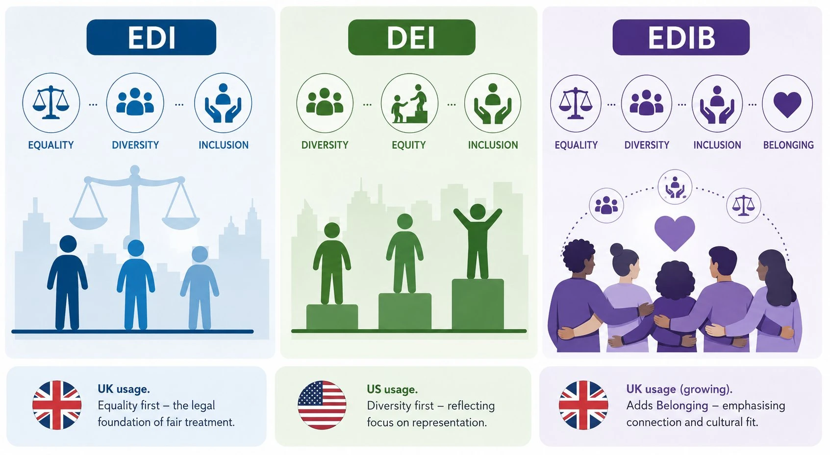 Comparison of the EDI, DEI and EDIB acronyms and what each strand means
