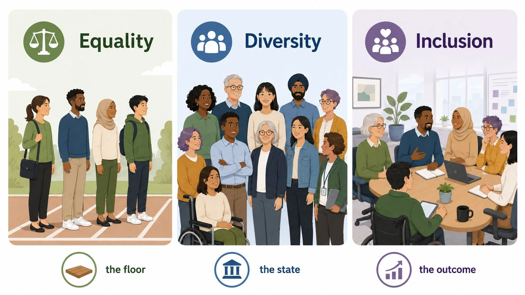 Diagram defining the three strands of EDI: equality, diversity and inclusion