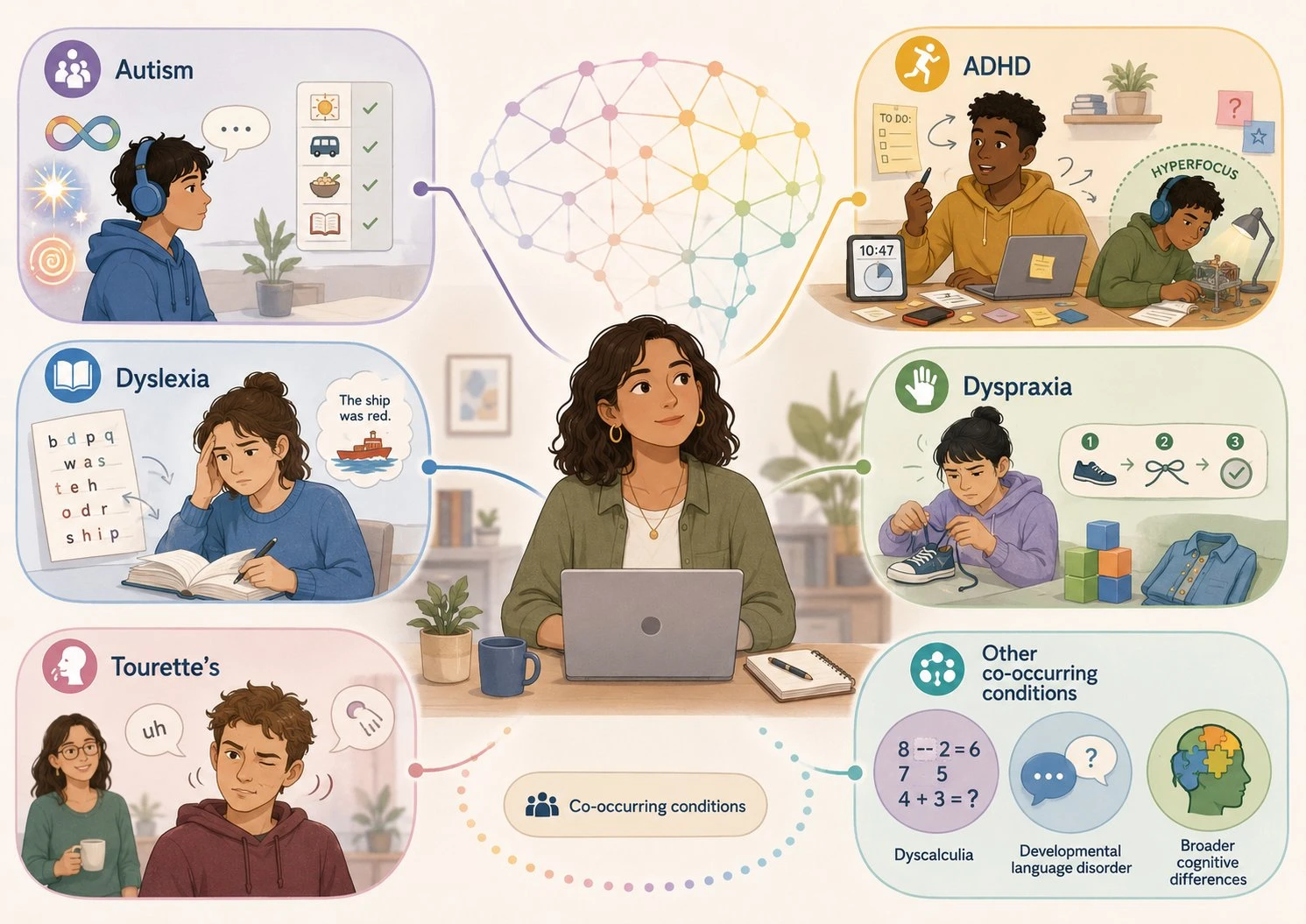 Diagram of common neurodivergent conditions including autism, ADHD, dyslexia, dyspraxia and Tourette's syndrome