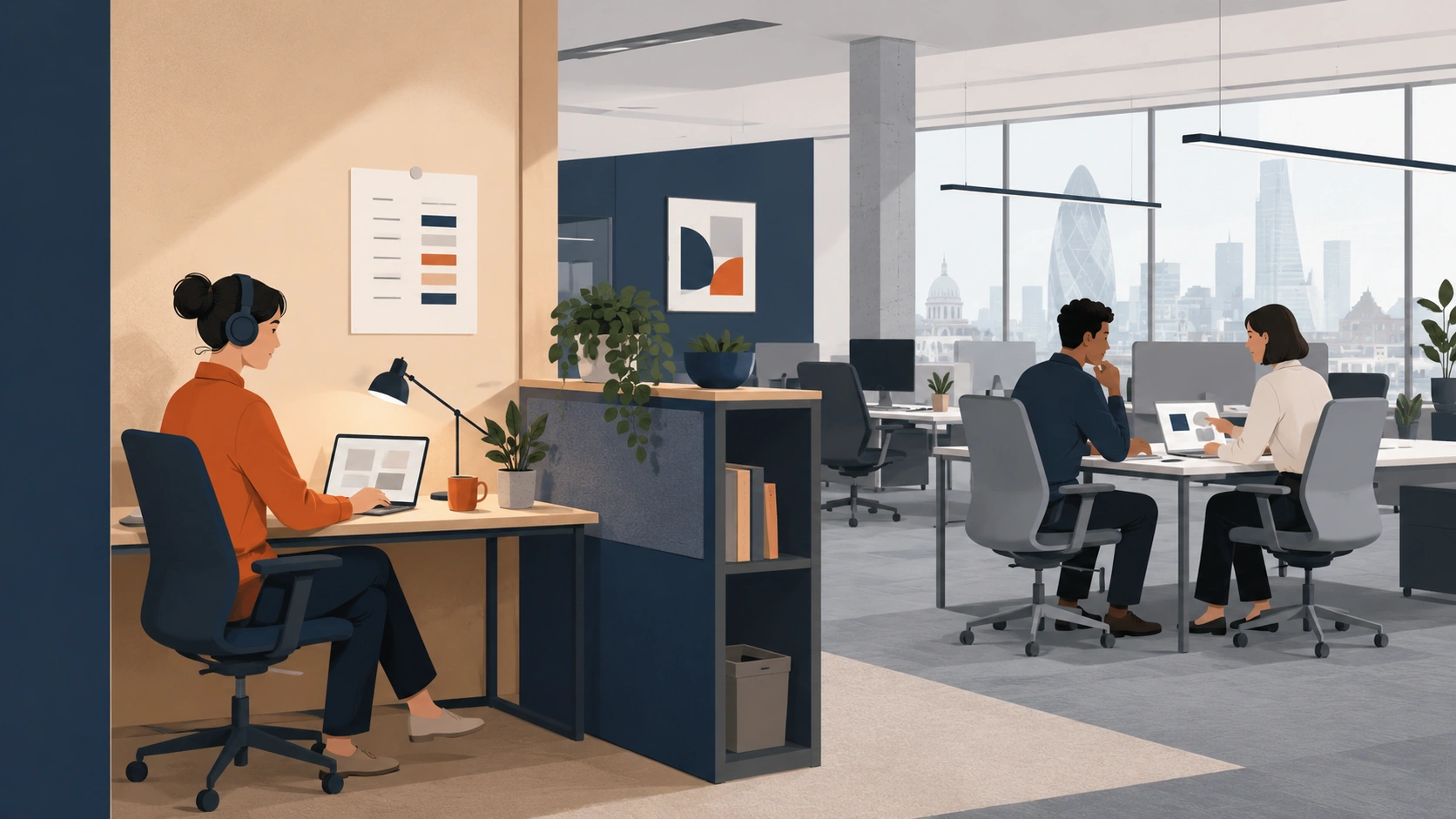 Illustration of a UK office with a quieter, partitioned breakout area featuring noise-cancelling headphones and a printed schedule — showing accommodation for neurodivergent staff alongside the open-plan main office.