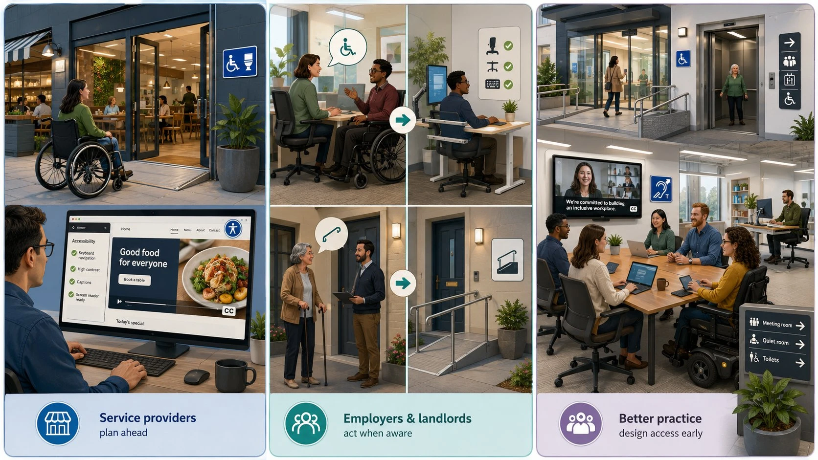 Diagram illustrating how accessibility and the reasonable adjustments duty apply across different settings — employers, service providers, education, housing and public functions.