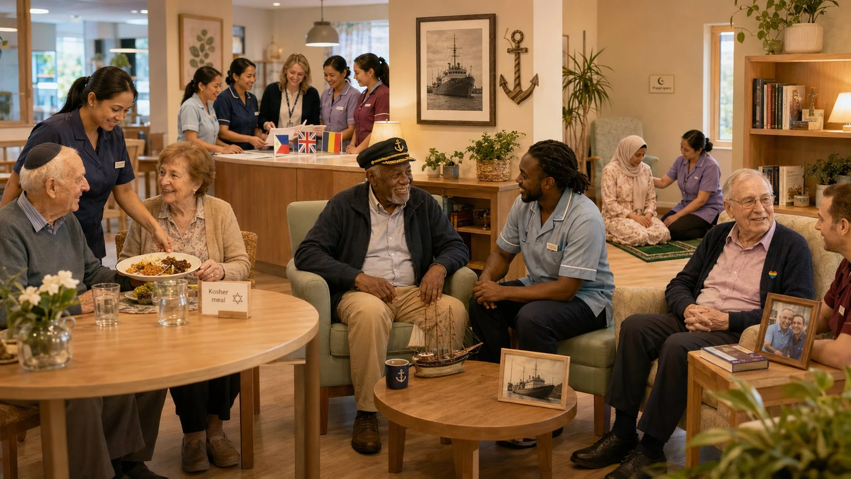 Illustration of an inclusive UK care home with residents and staff from a range of cultural, religious and identity backgrounds.