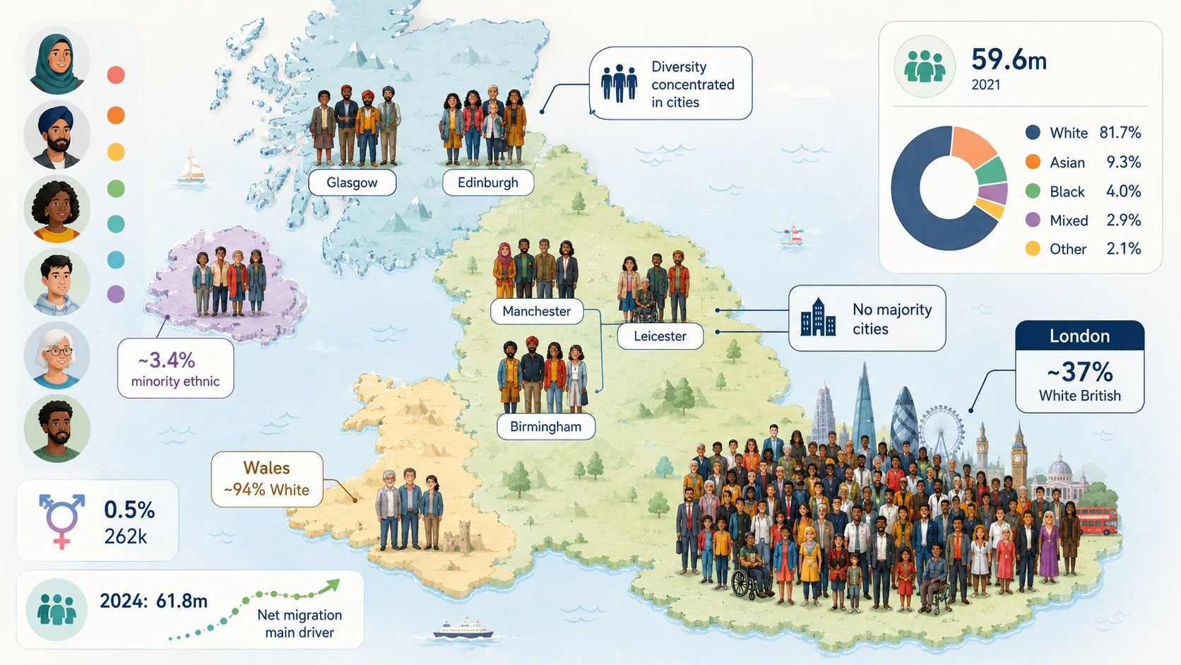 Infographic showing the ethnic and demographic diversity of the UK population from the 2021 Census.